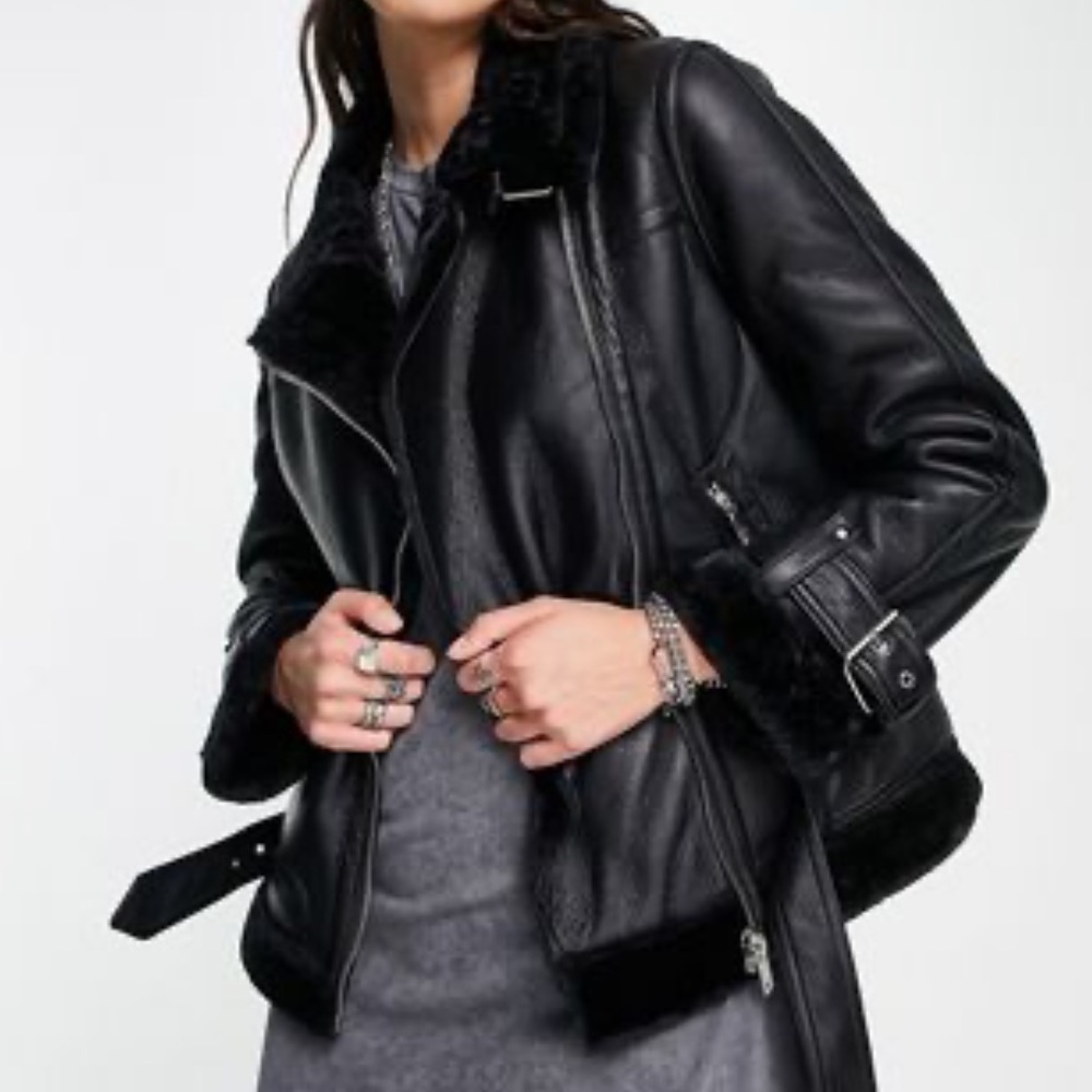 Topshop faux leather shearling aviator biker jacket
